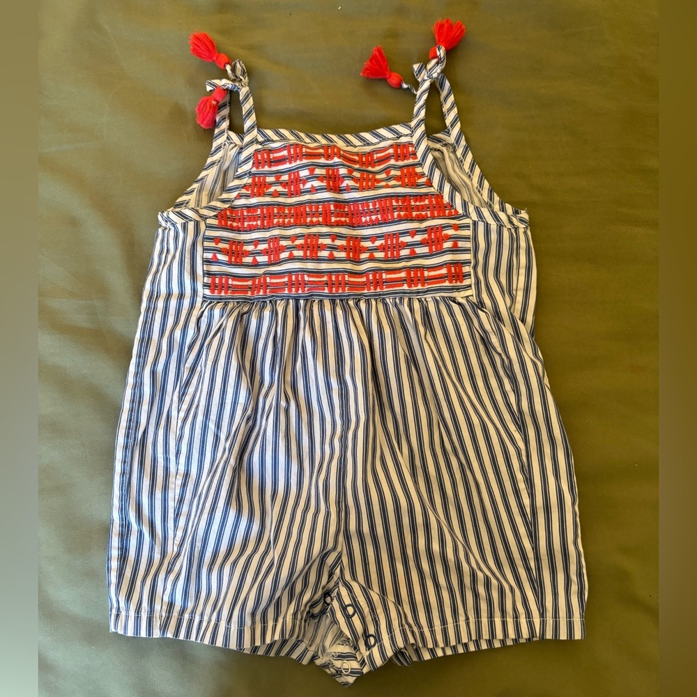 Blue and white striped romper with red detail - 12 mos